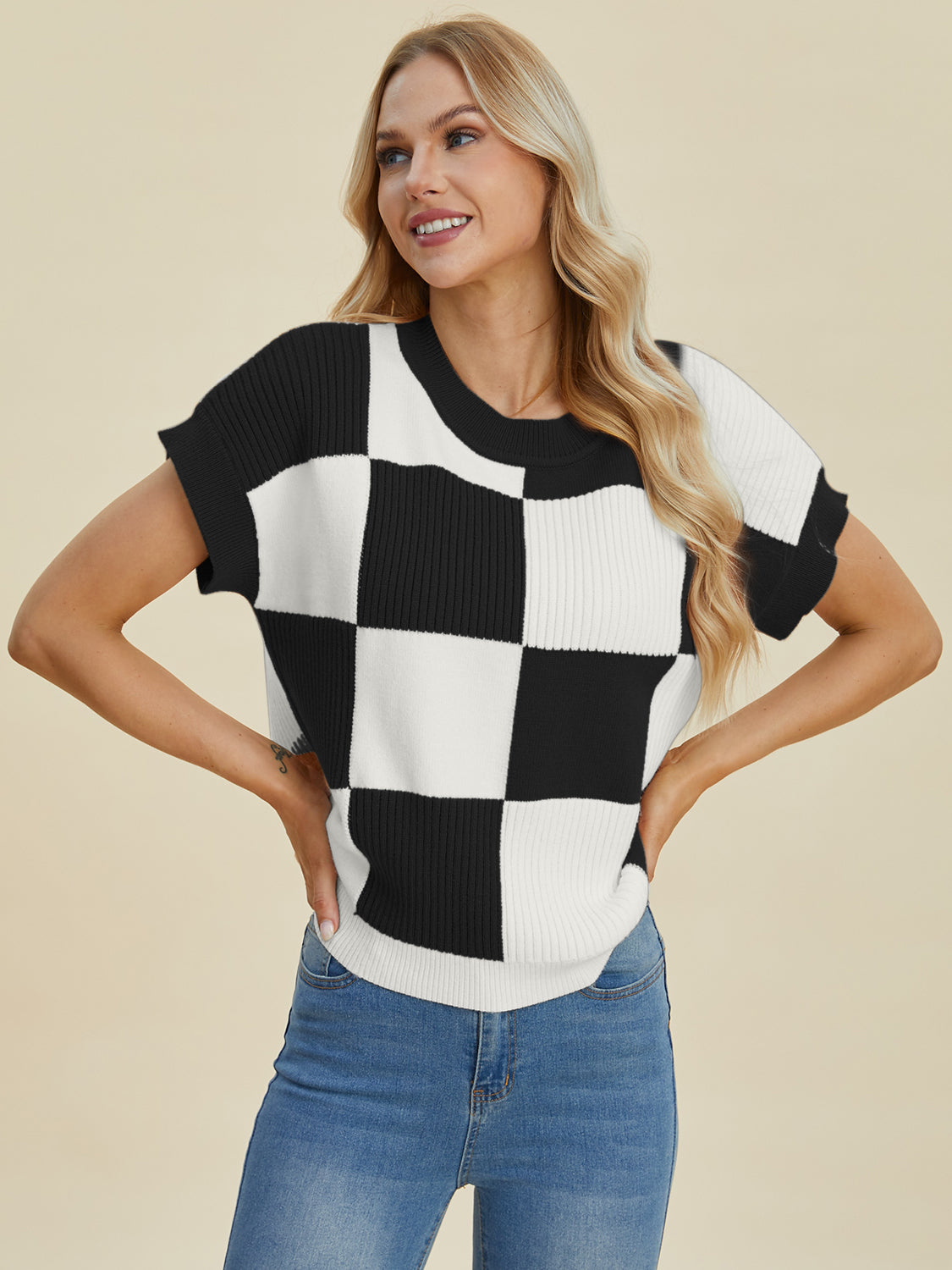 Double Take Full Size Checkered Round Neck Short Sleeve Sweater - Sydney So Sweet