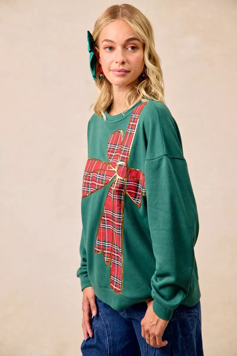 BiBi Plaid Ribbon Bow Detail Christmas Fleece Pullover - Sydney So Sweet