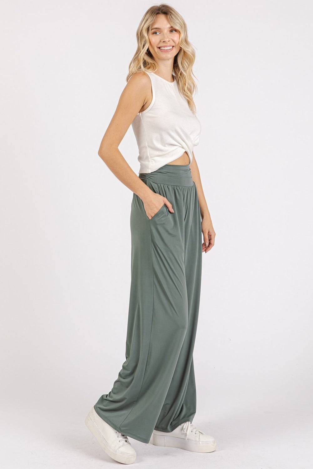 Mittoshop Stretch Banded Waist Wide Leg Pants with Pockets - Sydney So Sweet