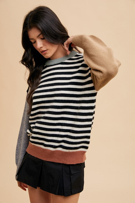 Annie Wear Striped Color Block Round Neck Sweater - Sydney So Sweet