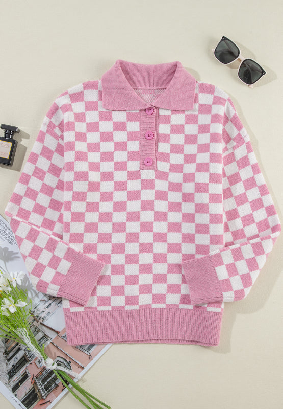 Checkered Collared Neck Long Sleeve Sweater - Sydney So Sweet