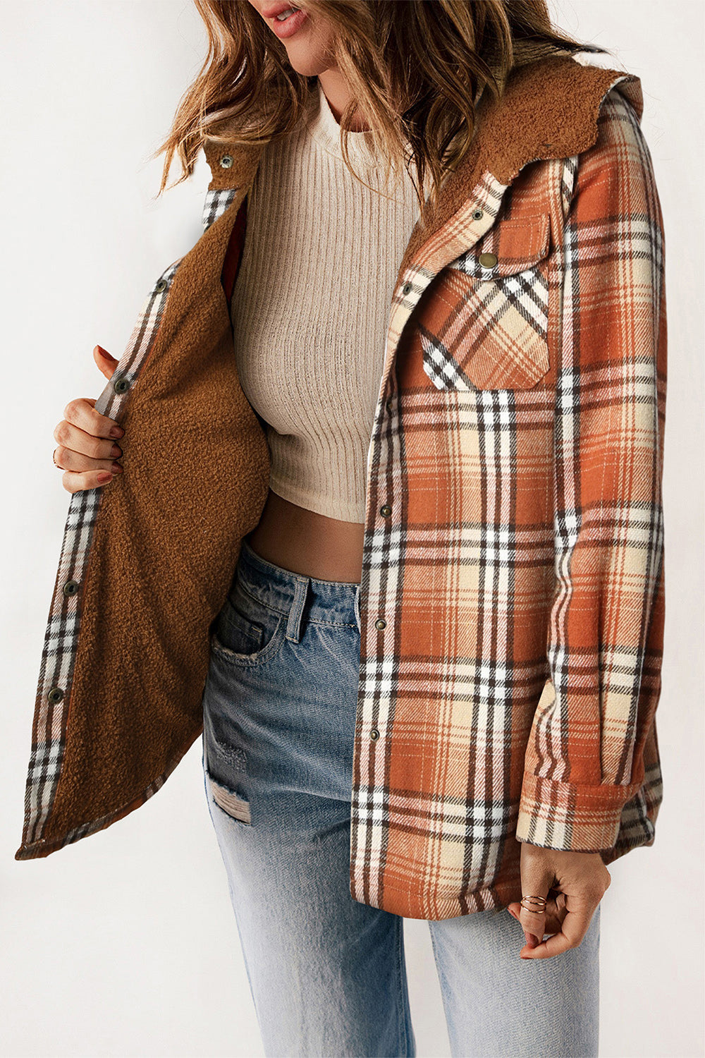 Plaid Snap Down Hooded Jacket - Sydney So Sweet