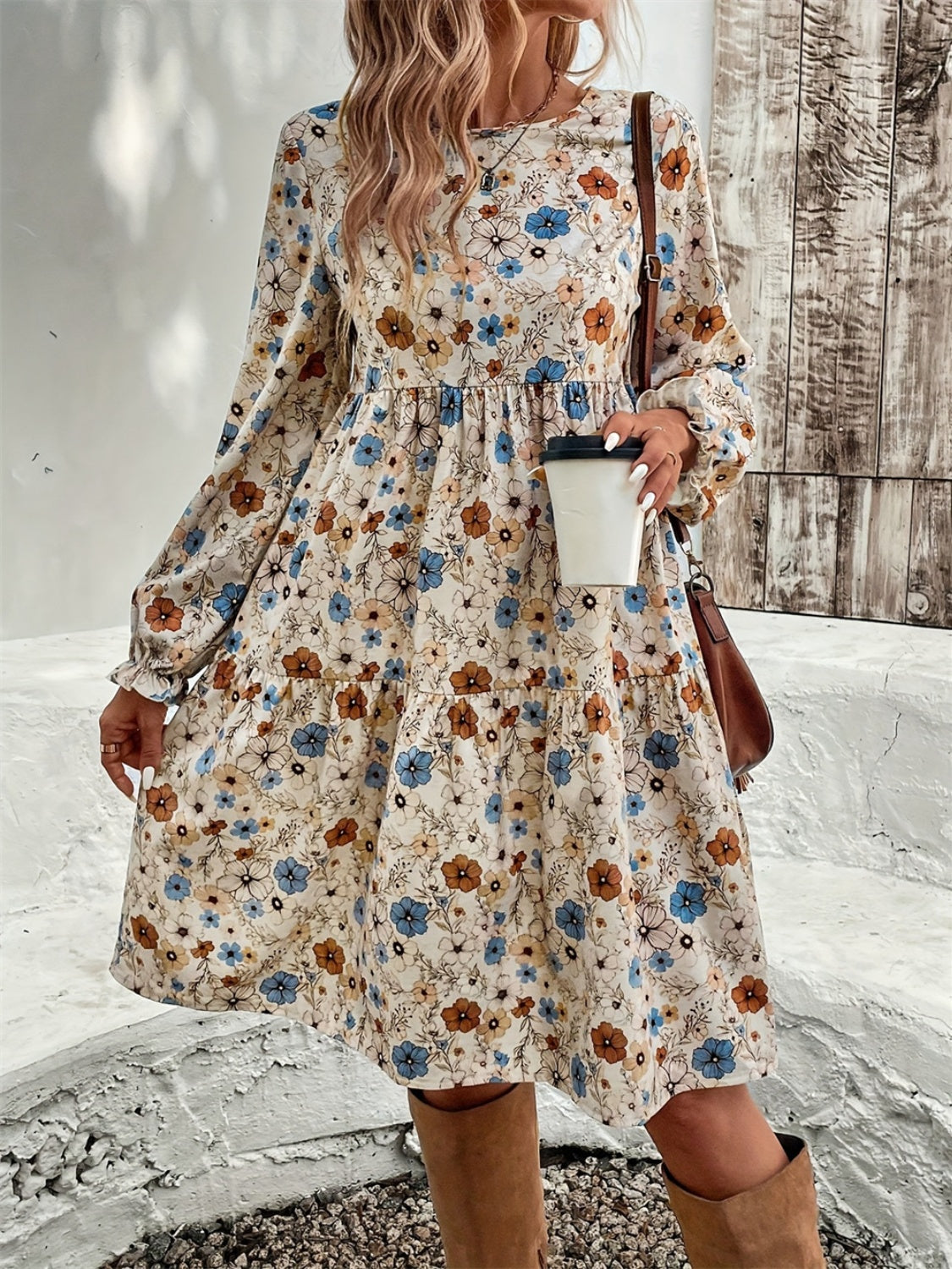 Ruffled Printed Round Neck Long Sleeve Dress - Sydney So Sweet