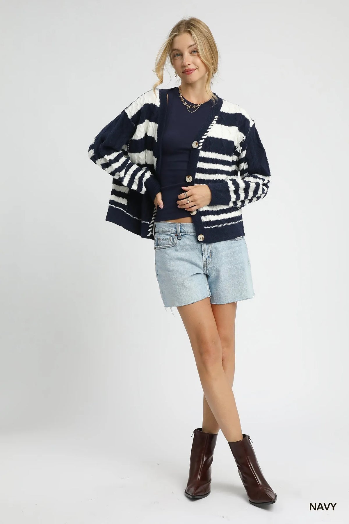 Umgee Cable-Knit Stripe Button-Up Cardigan - Sydney So Sweet