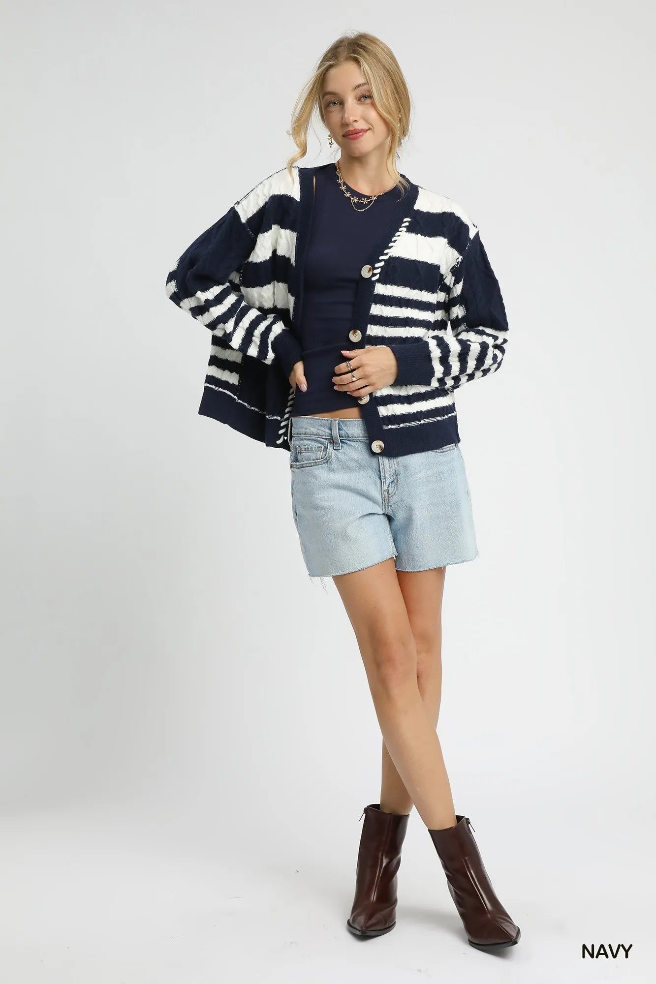 Umgee Cable-Knit Stripe Button-Up Cardigan - Sydney So Sweet