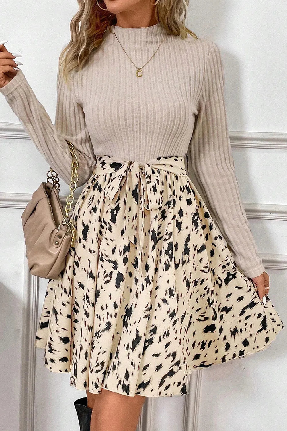 Tied Printed Mock Neck Long Sleeve Dress - Sydney So Sweet