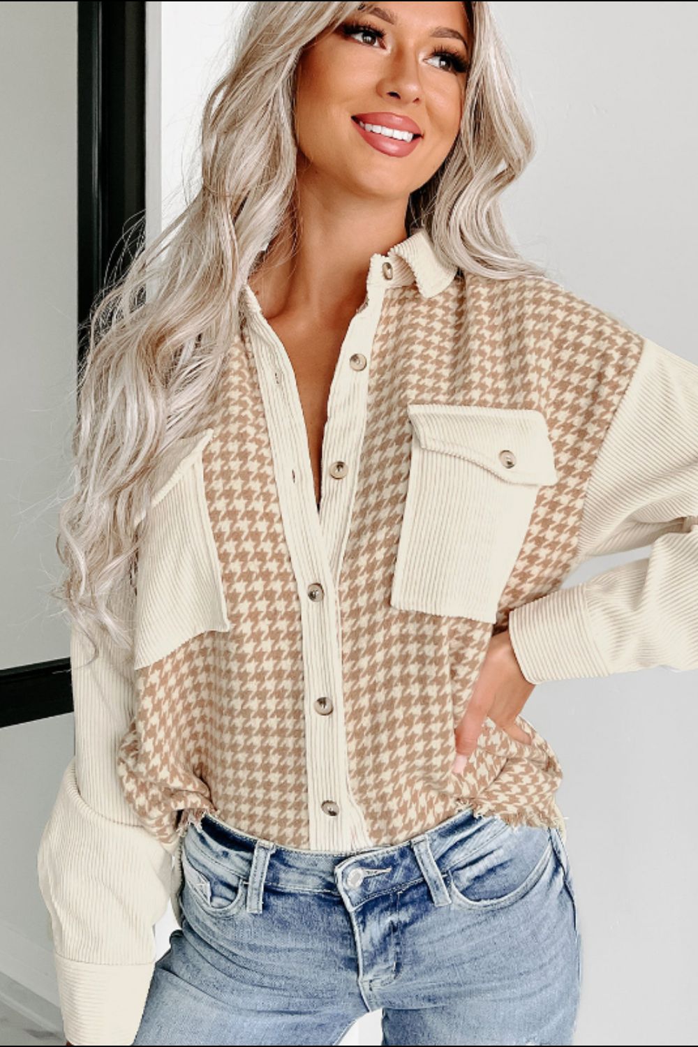 Houndstooth Button Up Long Sleeve Jacket - Sydney So Sweet