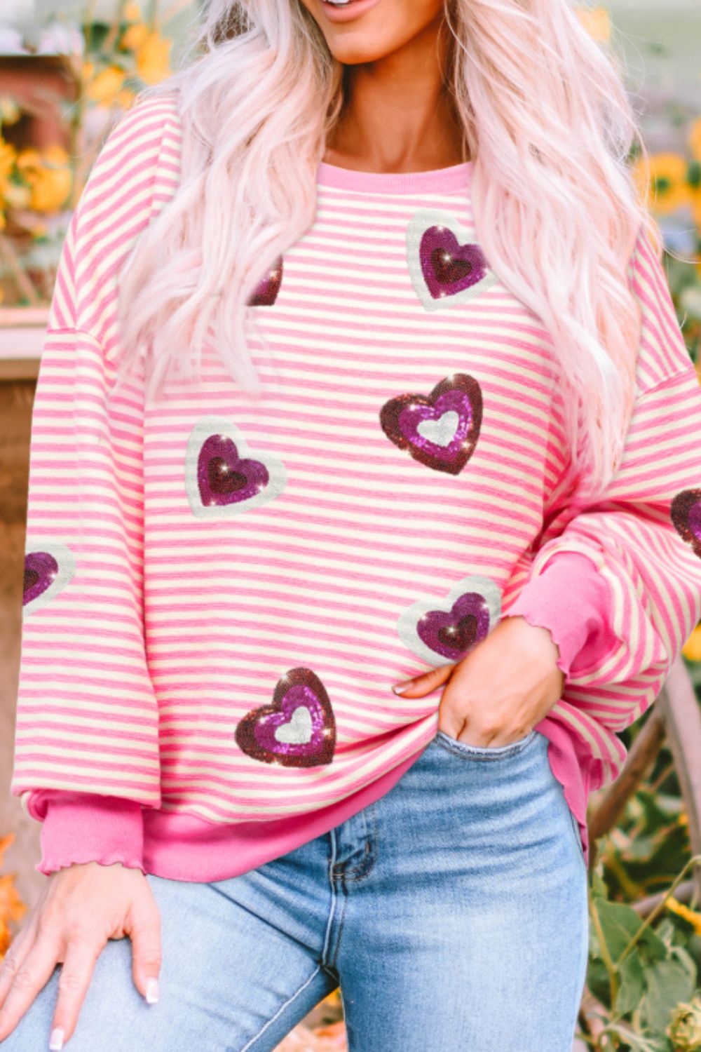 Valentine’s Day Sequin Heart Striped Round Neck Long Sleeve Sweatshirt - Sydney So Sweet