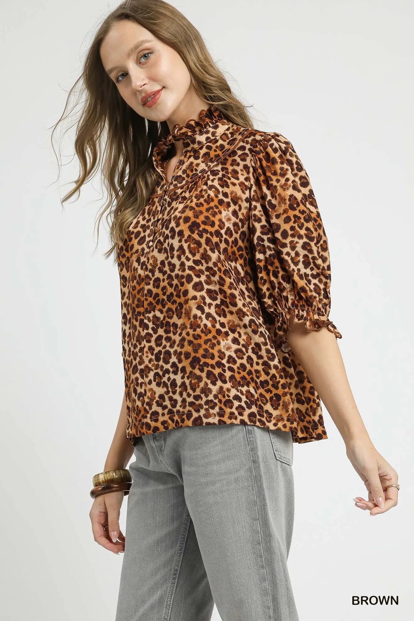 Umgee Full Size Leopard Print Ruffle Neck Blouse Plus Size - Sydney So Sweet