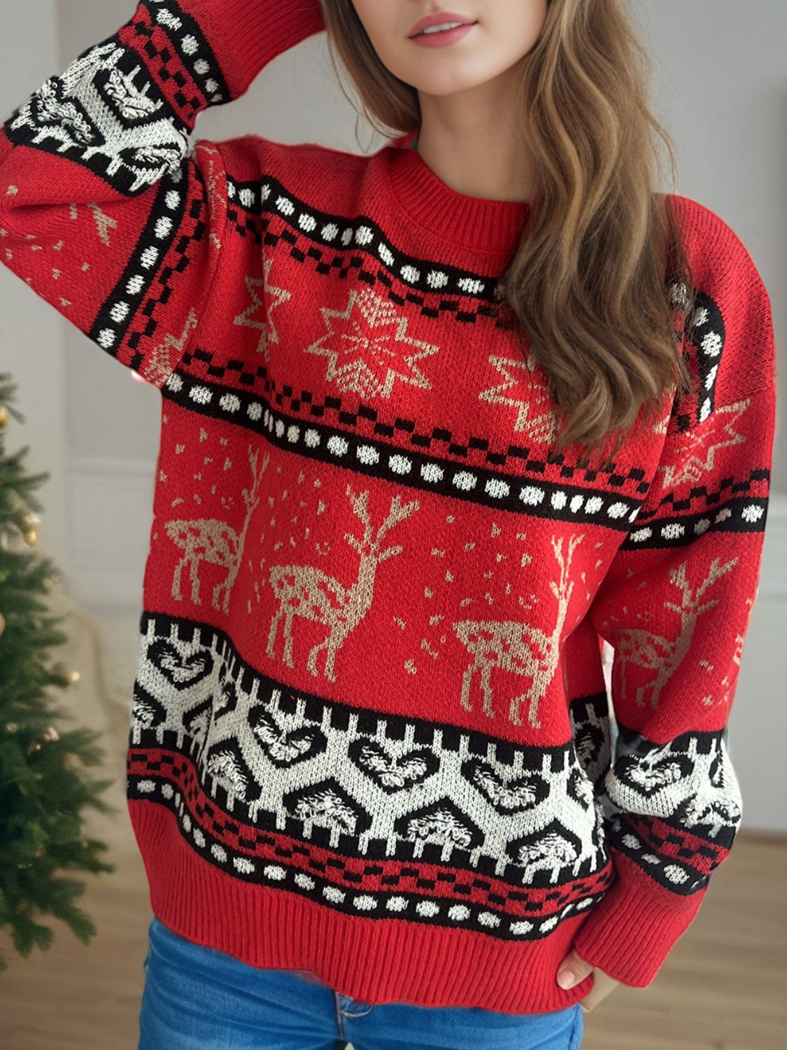 Christmas Element Round Neck Long Sleeve Sweater - Sydney So Sweet