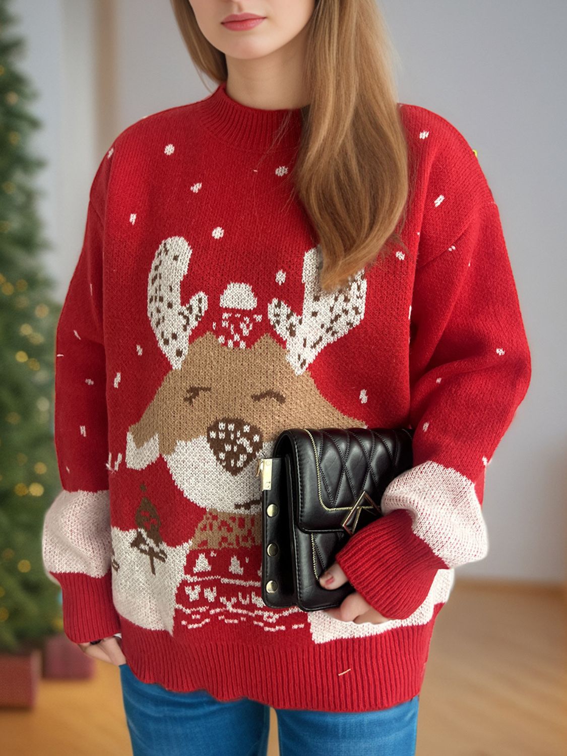 Reindeer Mock Neck Long Sleeve Sweater - Sydney So Sweet