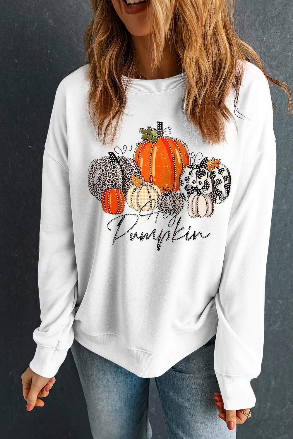 Pumpkin Graphic Round Neck Dropped Shoulder Women's Sweatshirt - Sydney So Sweet