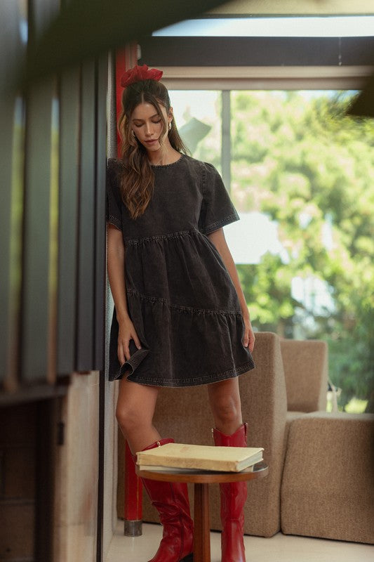 Annie Wear Mineral Washed Round Neck Short Sleeve Denim Dress - Sydney So Sweet