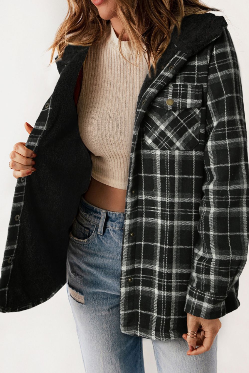 Plaid Button Up Long Sleeve Hooded Jacket - Sydney So Sweet