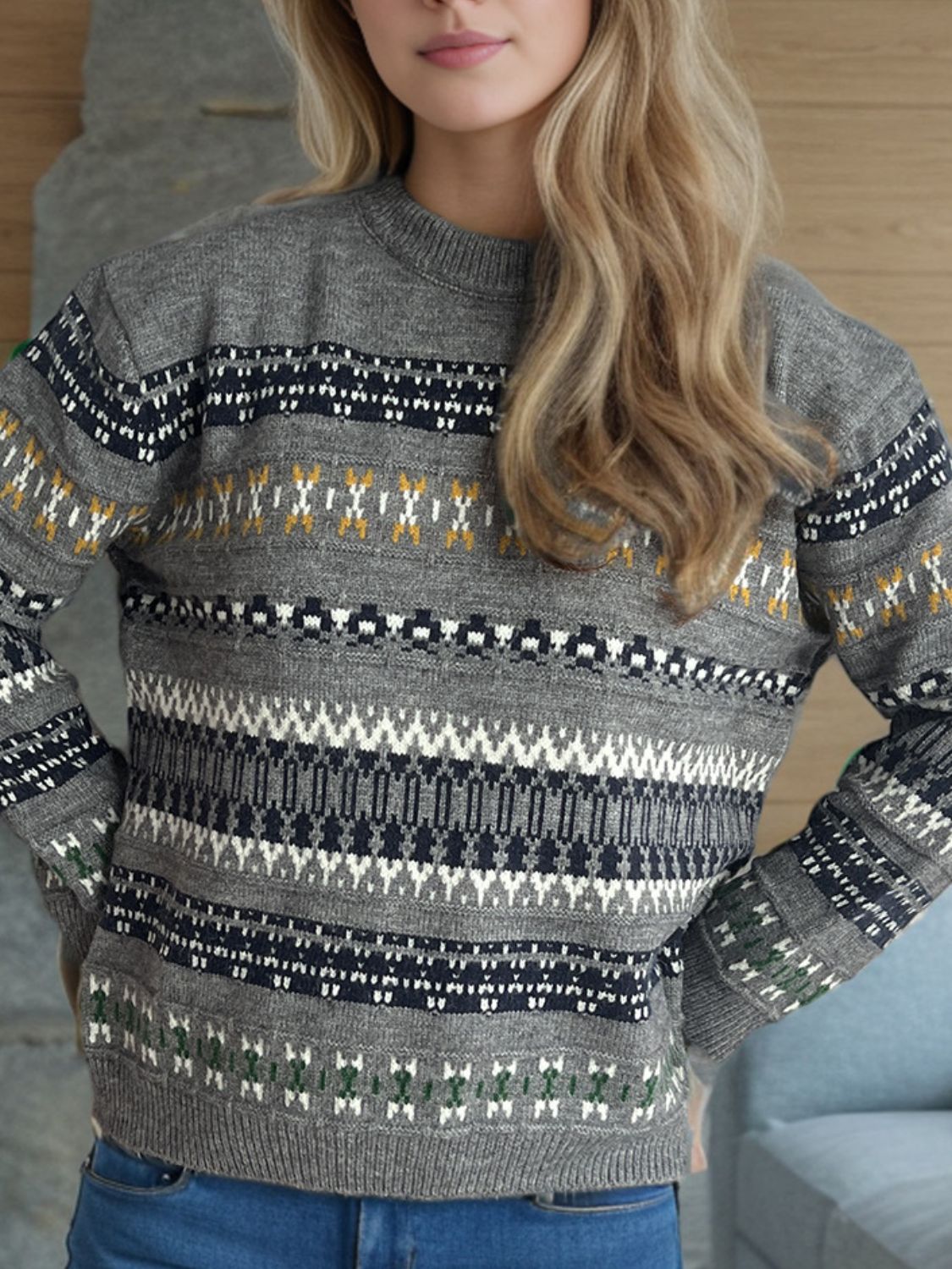 Geometric Round Neck Long Sleeve Sweater - Sydney So Sweet