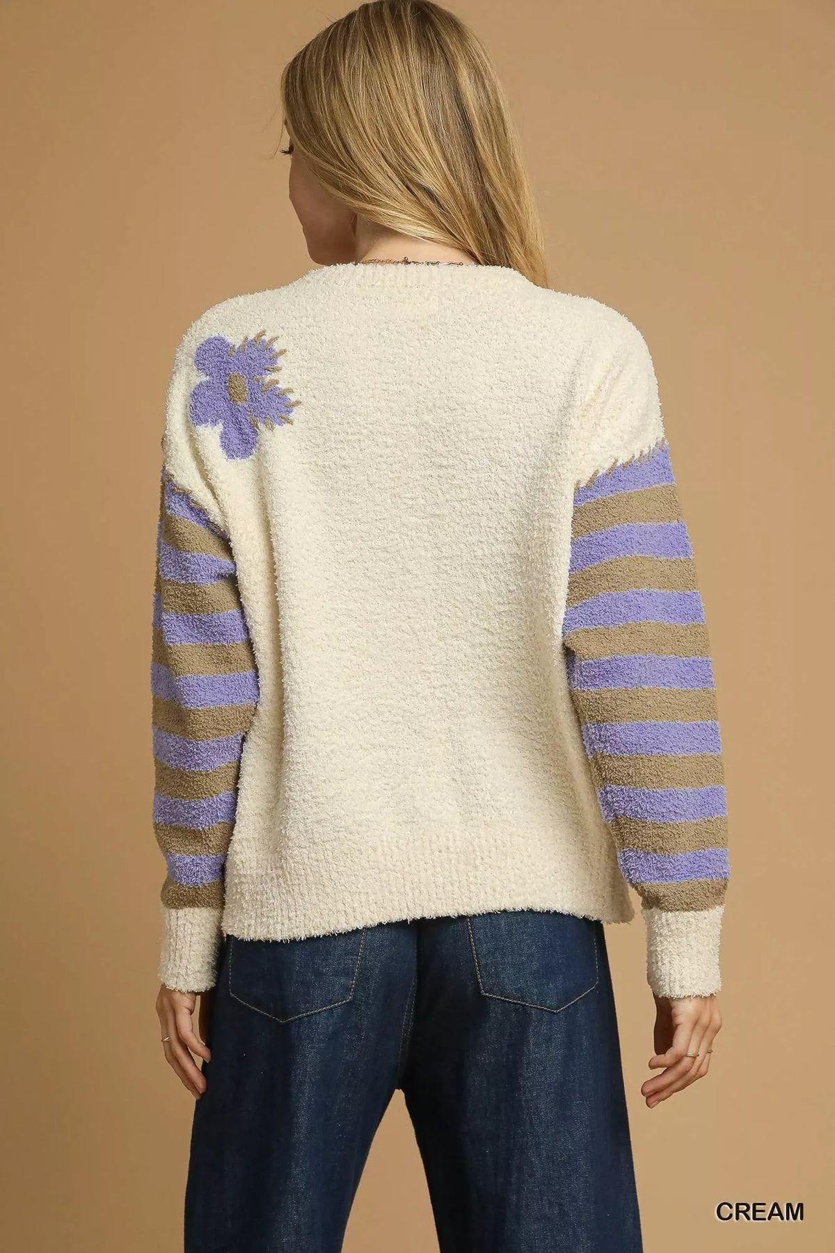 Umgee Flower Jacquard Striped Long Sleeve Sweater - Sydney So Sweet