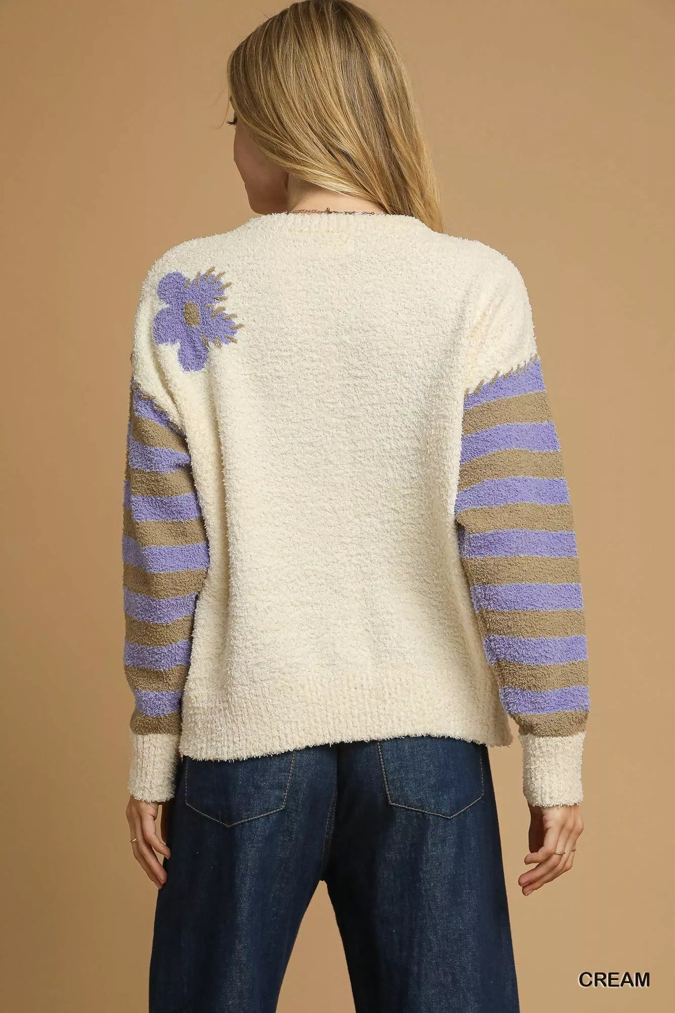 Umgee Flower Jacquard Striped Long Sleeve Sweater - Sydney So Sweet