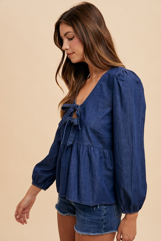 Annie Wear Tie Front Peplum Long Sleeve Denim Top - Sydney So Sweet