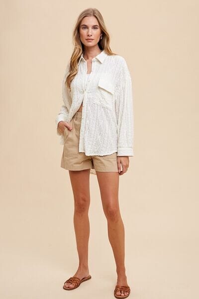 Annie Wear Openwork Button Down Drop Shoulder Shirt - Sydney So Sweet