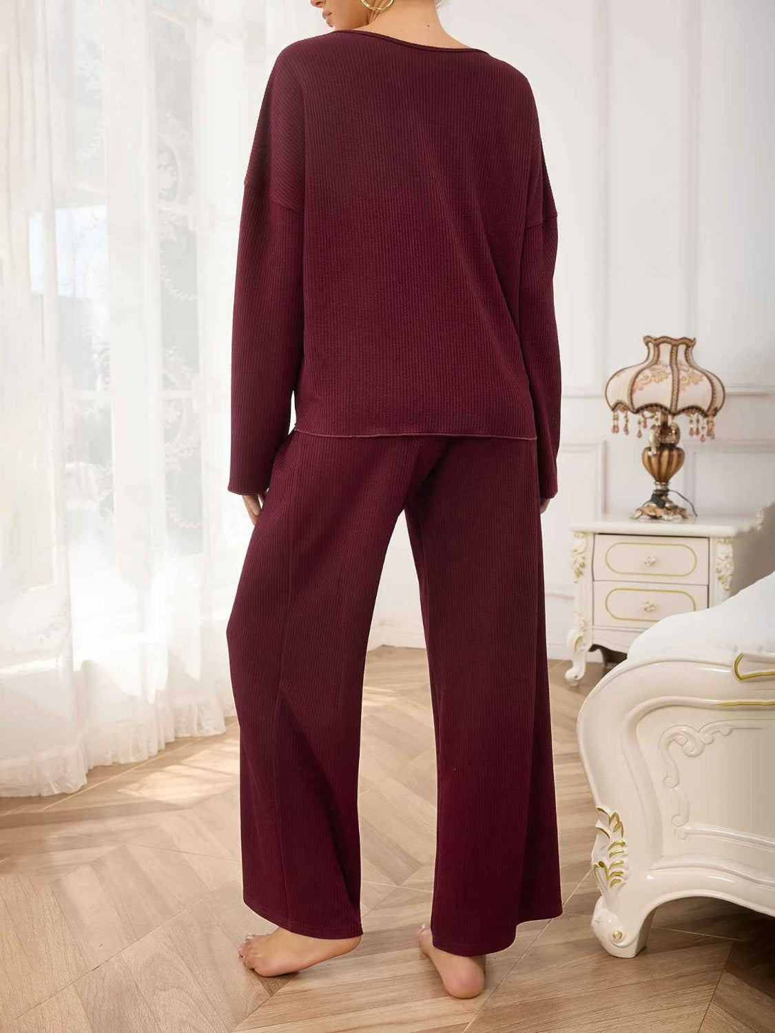 V-Neck Long Sleeve Top and Wide Leg Pants Set - Sydney So Sweet