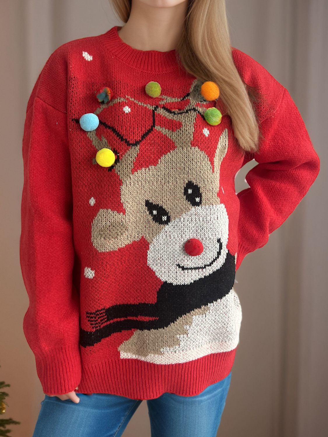 Reindeer Round Neck Long Sleeve Sweater - Sydney So Sweet