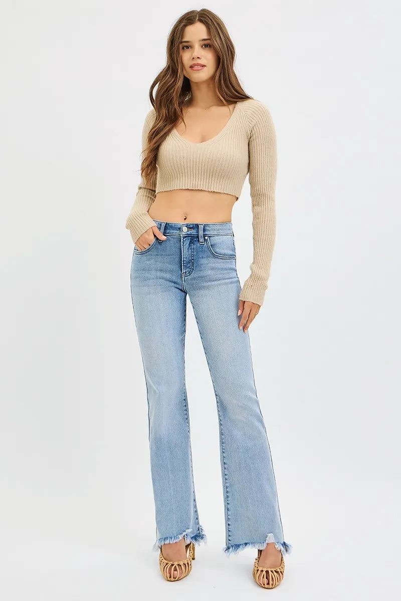 RISEN Full Size Tummy Control Mid Rise Flare Jeans with Fray Hem Detailed Plus Size - Sydney So Sweet