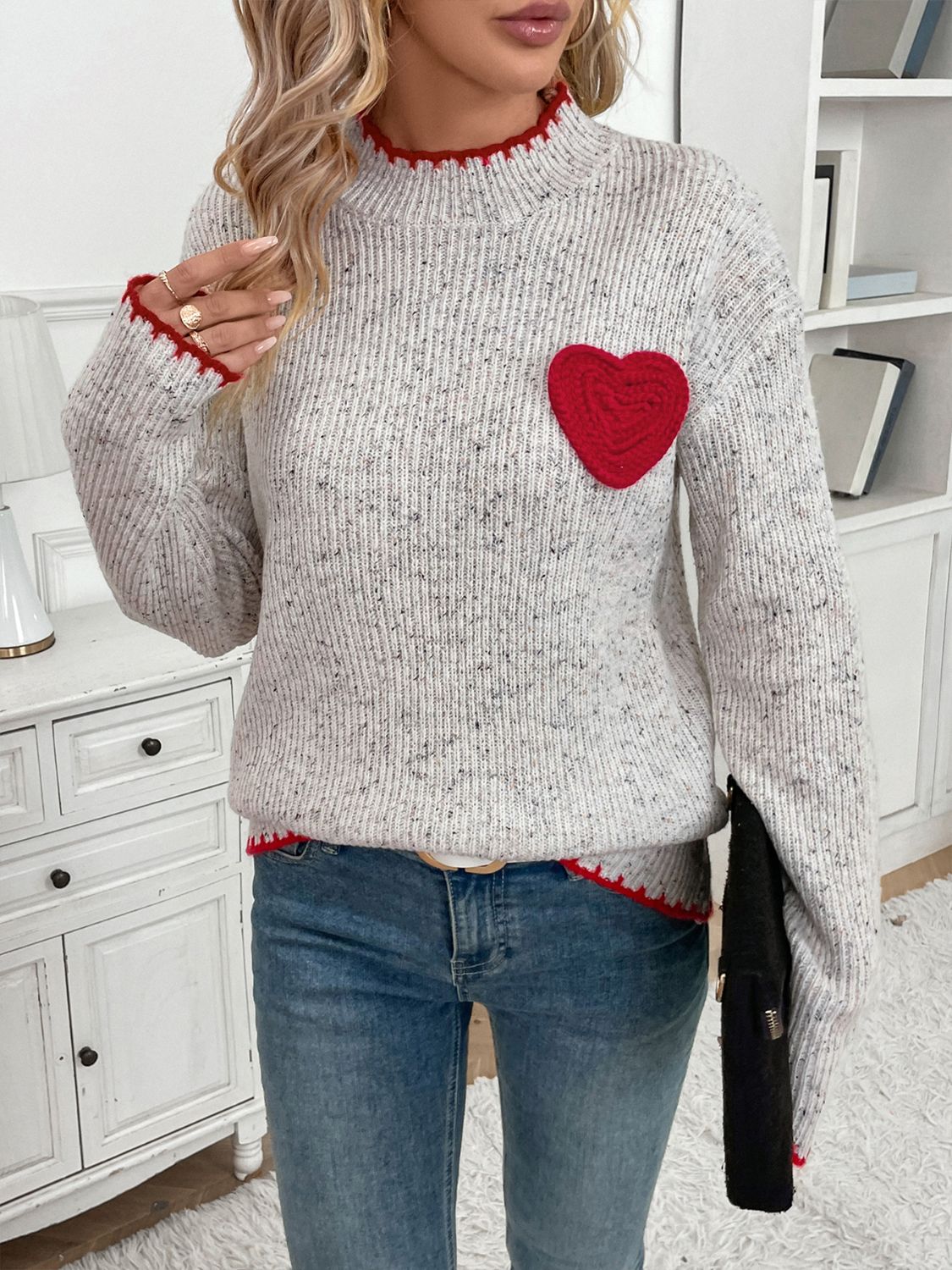 Perfee Contrast Heart Round Neck Long Sleeve Sweater - Sydney So Sweet