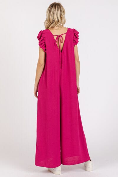 Mittoshop V-Neck Ruffled Cap Sleeve Wide Leg Jumpsuit - Sydney So Sweet