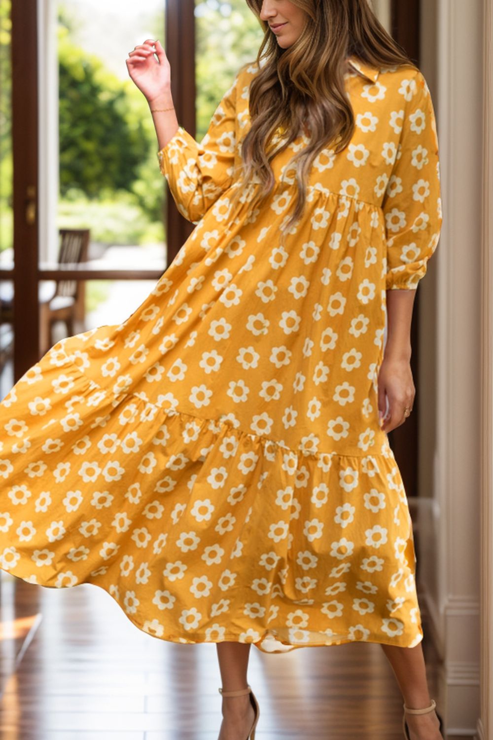 Floral Collared Neck Three-Quarter Sleeve Dress - Sydney So Sweet