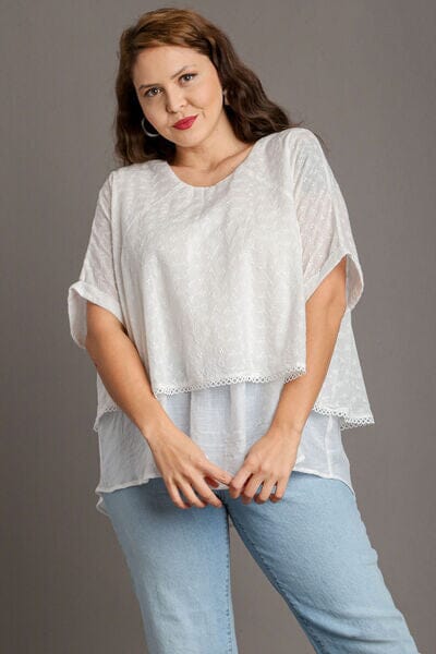 Umgee Full Size Eyelet Layered Short Sleeve Blouse Plus Size - Sydney So Sweet