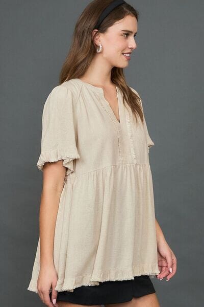 Umgee Full Size Raw Hem Notched Babydoll Linen Blouse Plus Size - Sydney So Sweet
