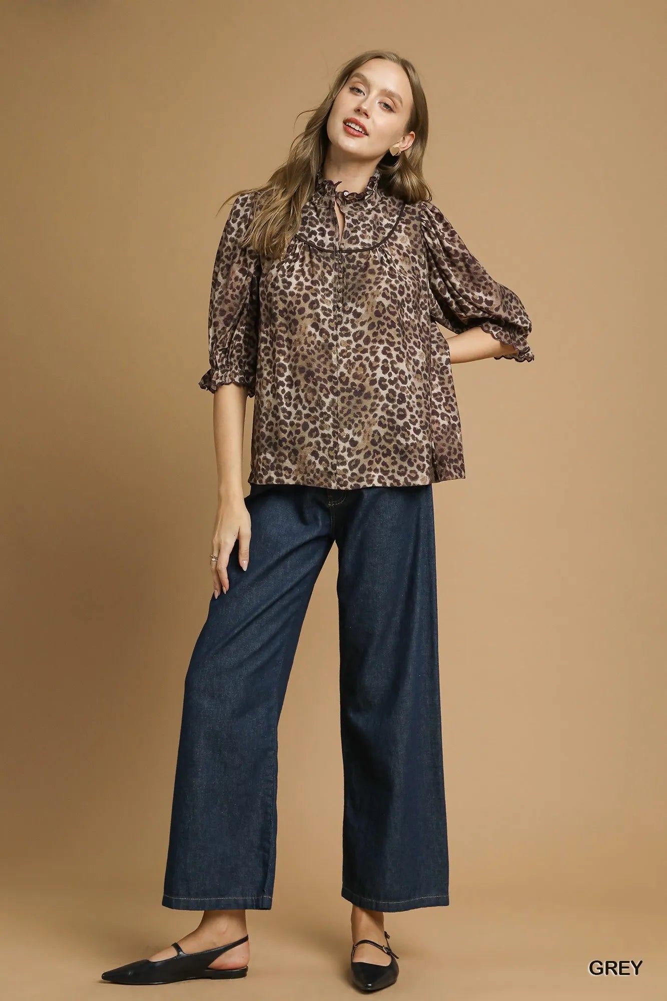 Umgee Leopard Print Ruffle Neck Blouse - Sydney So Sweet