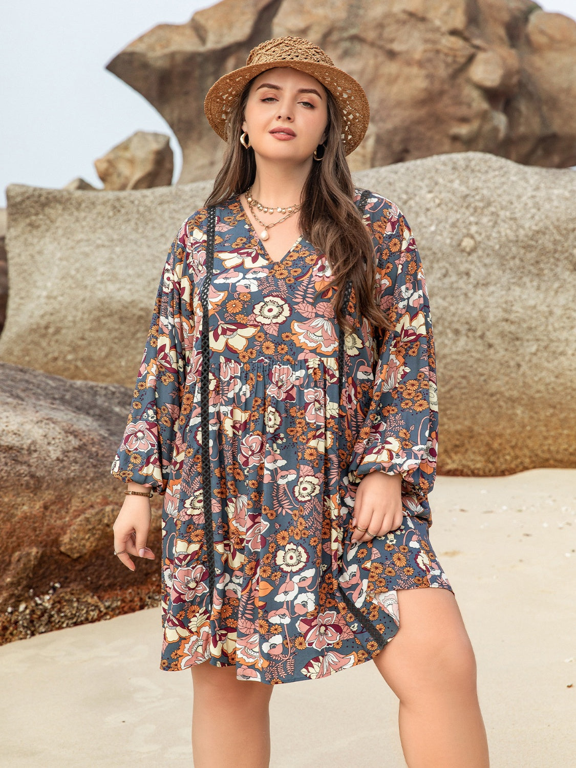 Plus Size Printed V-Neck Balloon Sleeve Mini Dress - Sydney So Sweet