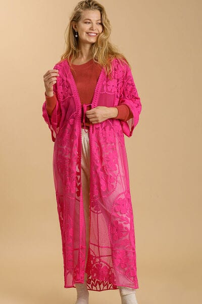 Umgee Full Size Floral Lace Open Front Long Kimono with Waist Tie Plus Size - Sydney So Sweet