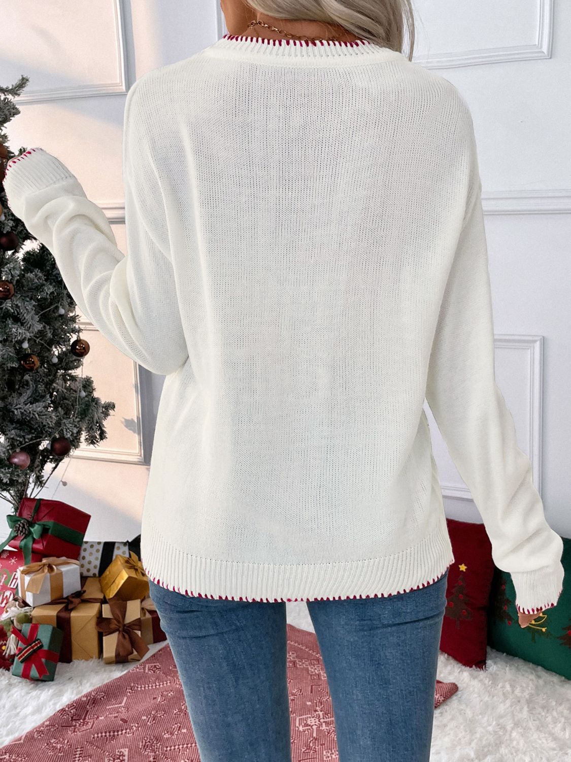 Perfee Bow Round Neck Long Sleeve Sweater - Sydney So Sweet