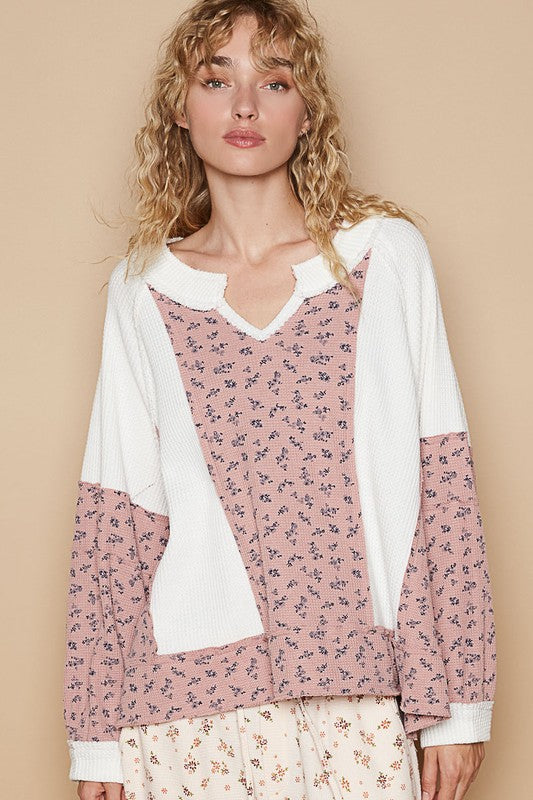 POL Waffle Knit Floral Notched Long Sleeve Top - Sydney So Sweet