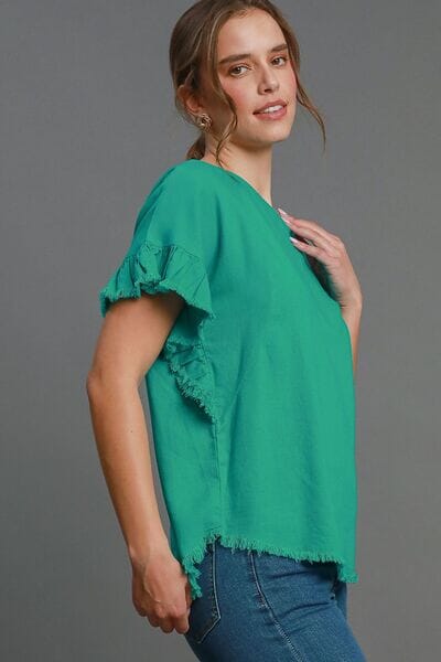 Umgee Full Size Raw Hem Ruffle Short Sleeve Blouse Plus Size - Sydney So Sweet