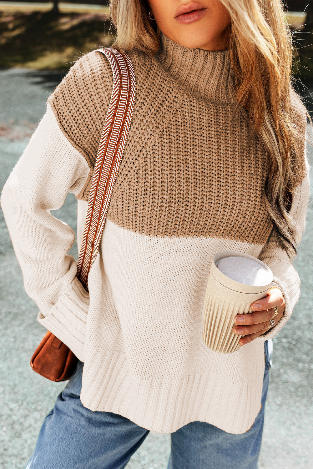 Color Block Slit Mock Neck Sweater - Sydney So Sweet