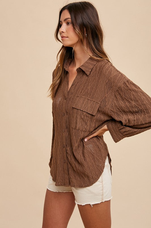 Annie Wear Openwork Button Down Drop Shoulder Shirt - Sydney So Sweet