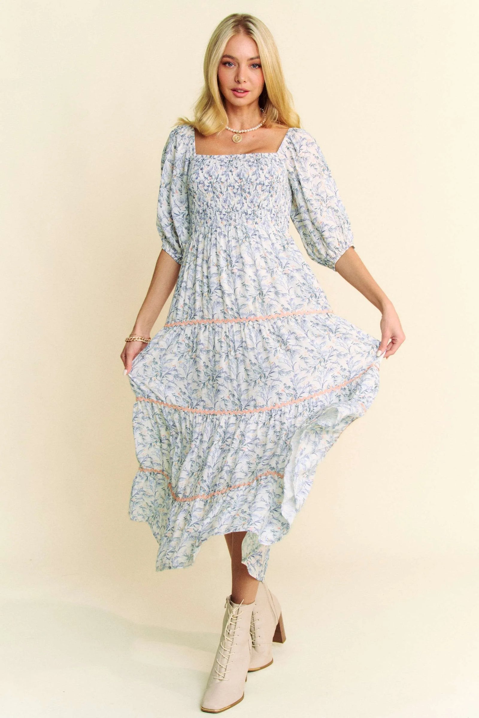 Davi & Dani Contrast Ric Smocking Bodice Tiered Midi Dress - Sydney So Sweet