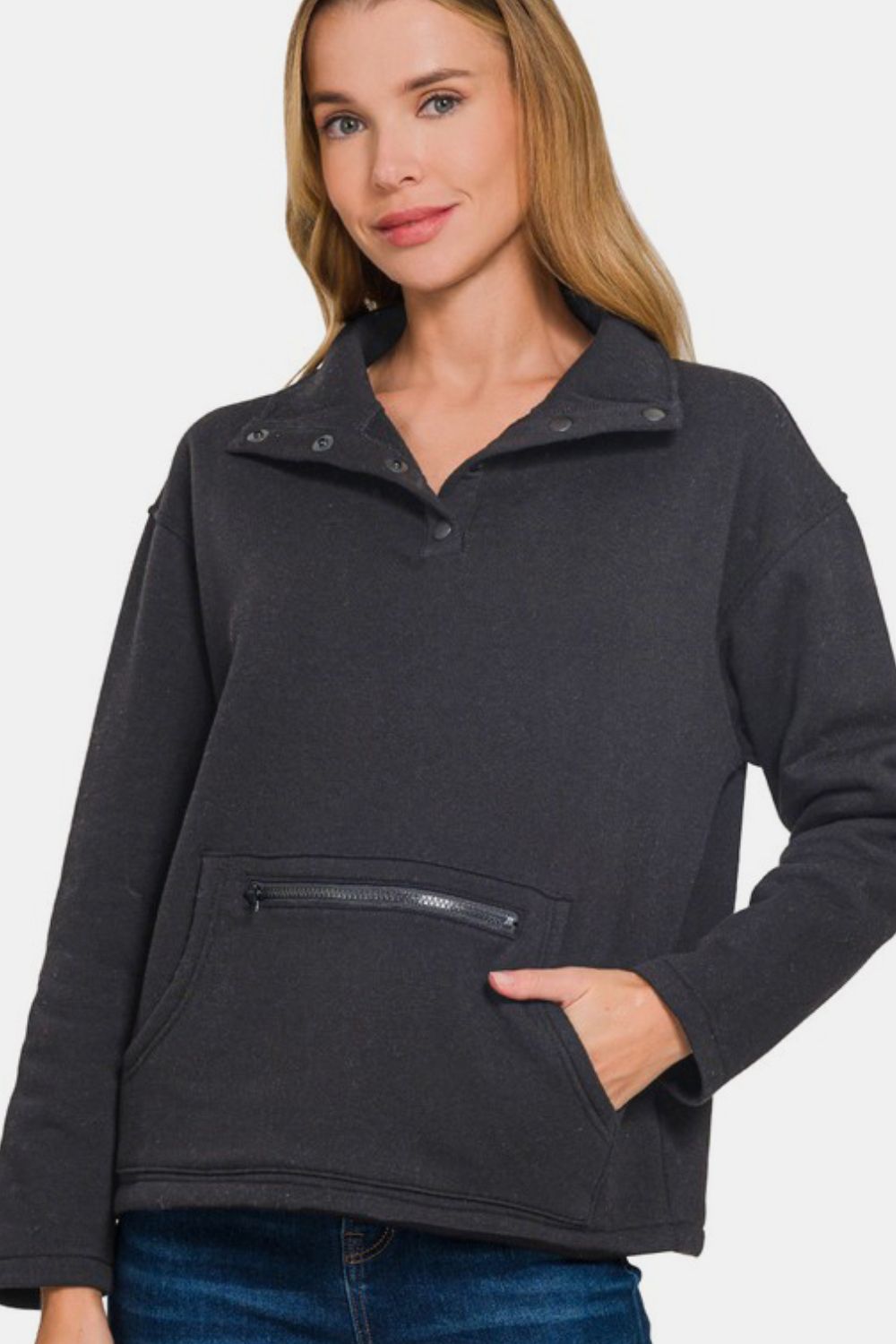 Zenana Turtleneck Half Snap Fleece Sweatshirt - Sydney So Sweet