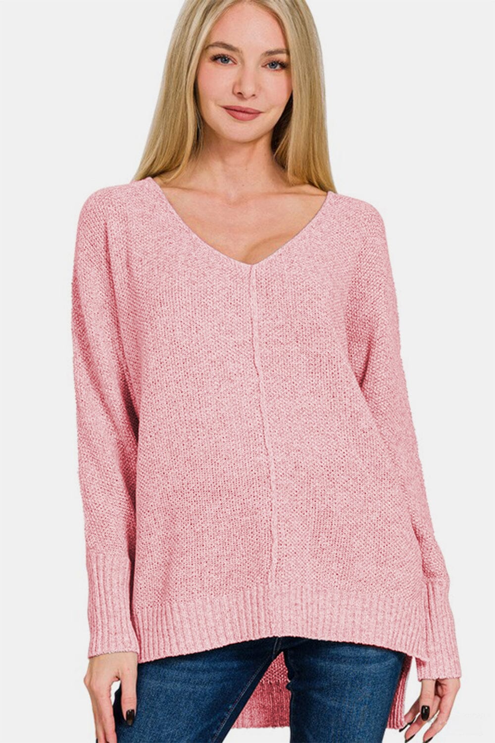 Zenana High-Low Center Seam V-Neck Sweater - Sydney So Sweet