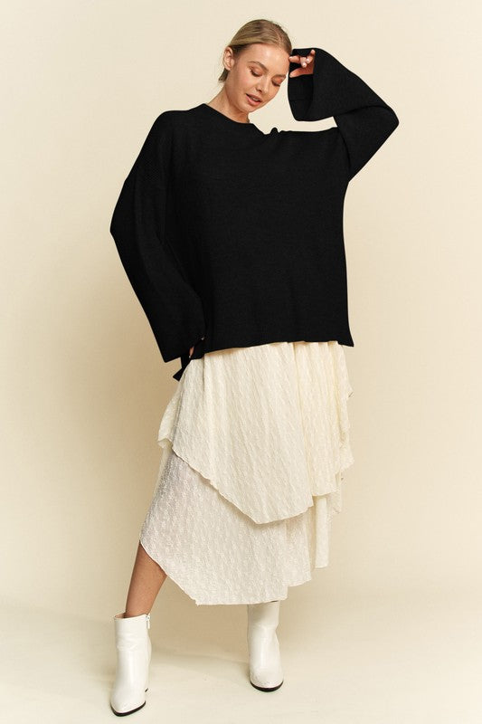 Davi & Dani High-Low Round Neck Drop Shoulder Sweater - Sydney So Sweet