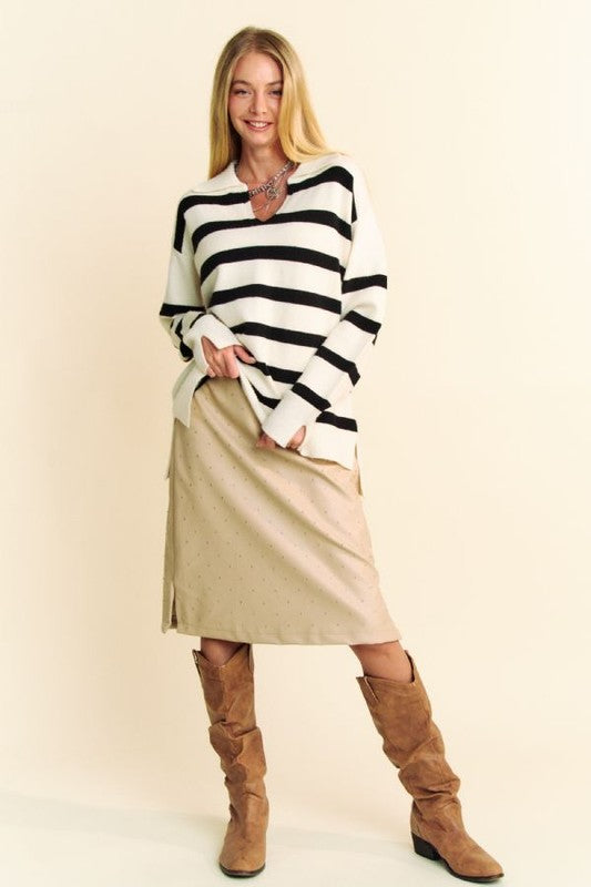 Davi & Dani High-Low Side Slit Striped Johnny Collar Sweater - Sydney So Sweet