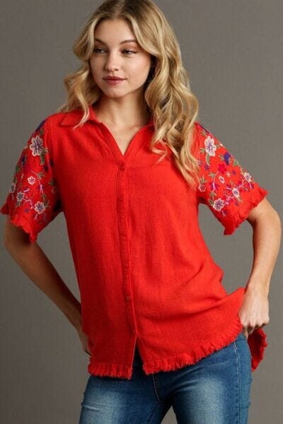 Umgee Full Size Linen Shirt with Embroidered Sleeves Plus Size - Sydney So Sweet
