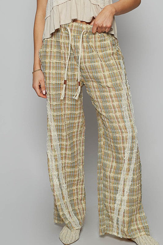 POL Lace Trim Drawstring Checkered Wide Leg Pants - Sydney So Sweet