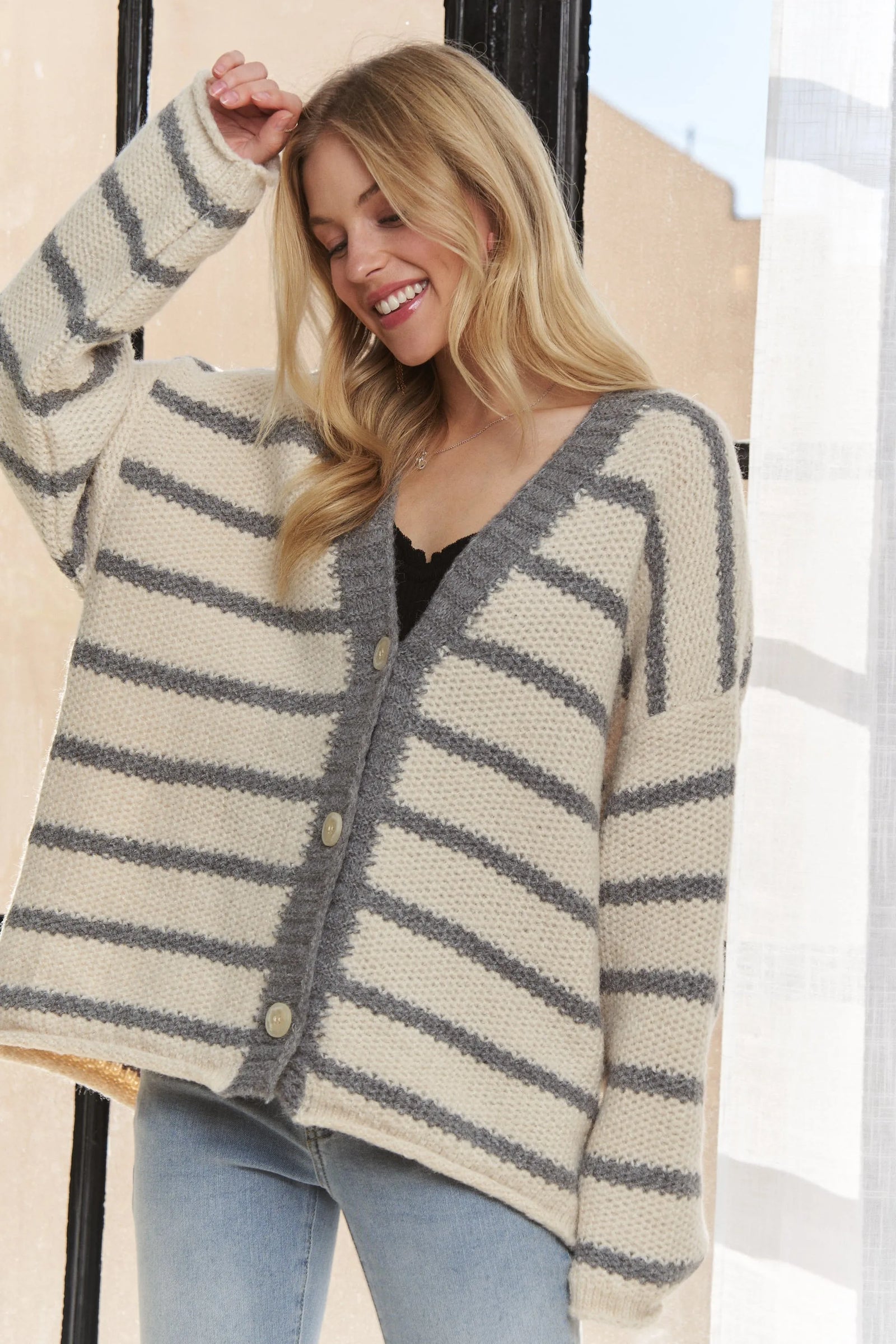 ADORA Horizontally Striped Button Up Cardigan - Sydney So Sweet