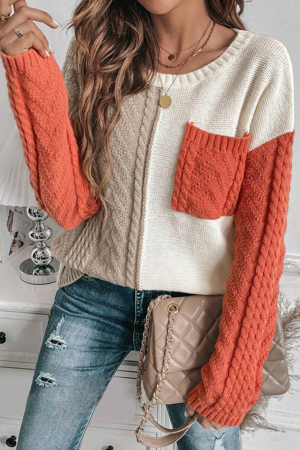 Color Block Round Neck Long Sleeve Sweater - Sydney So Sweet