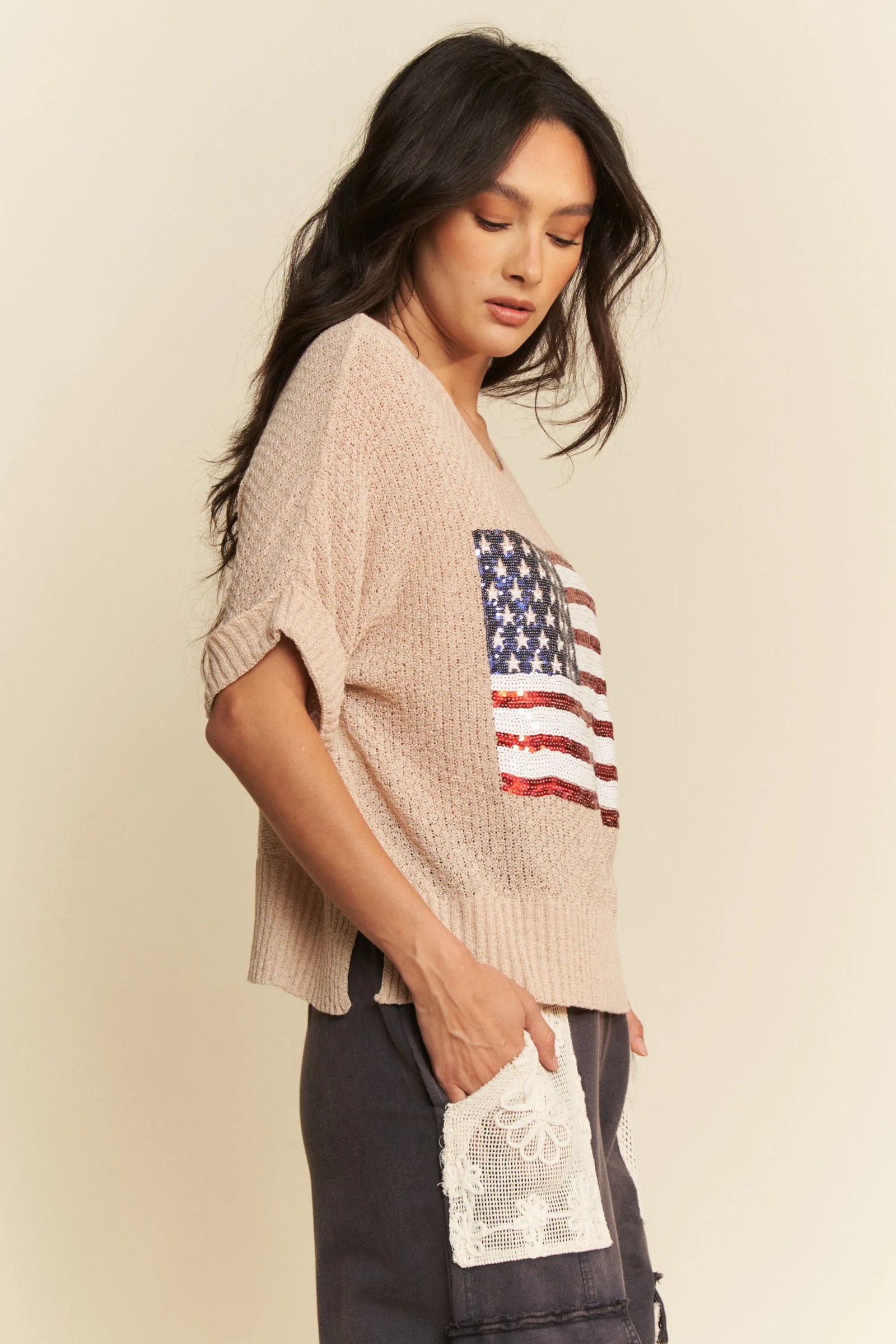 Davi & Dani Sequin American Flag Patch Short Sleeve Knit Top - Sydney So Sweet