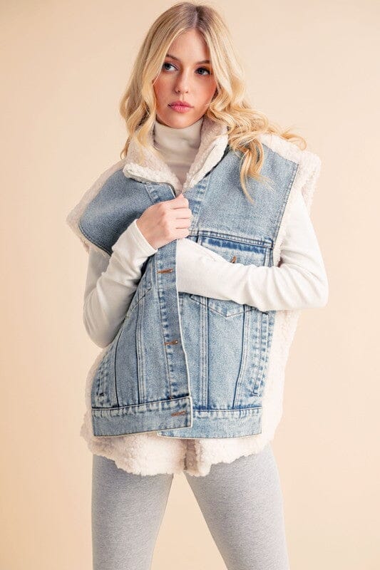 Aemi + Co Fake Two Pieces Denim Patch Sherpa Vest Coat - Sydney So Sweet